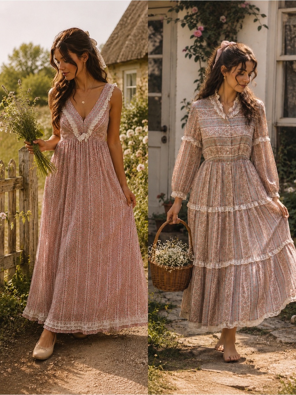 Vintage Cottagecore Boho Pink Floral Maxi Dress Lace Trim Set Prairiecore